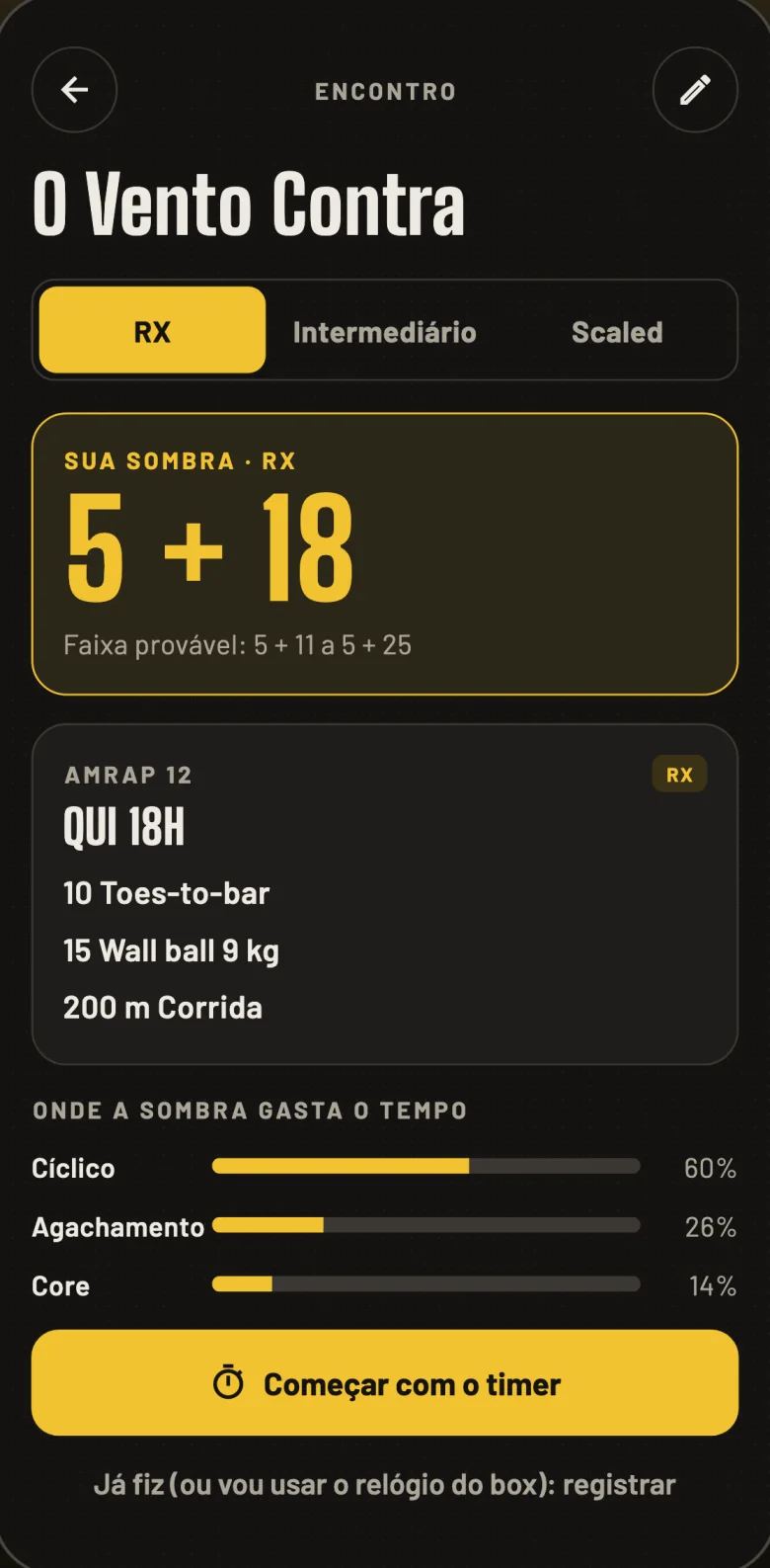 Tela do encontro com a sombra prevista: 5 rounds e 18 reps